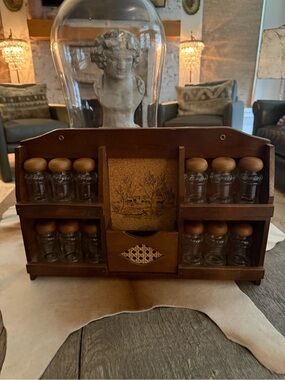 Vintage Wooden Spice Rack with 12 Glass Jars Cork Board and Drawer